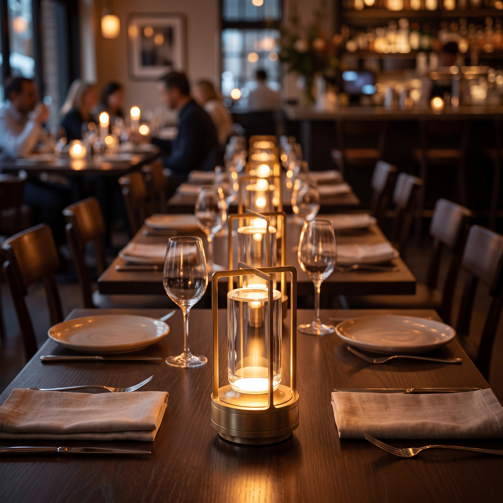 Crystal lantern lamps lit across restaurant tables in the evening