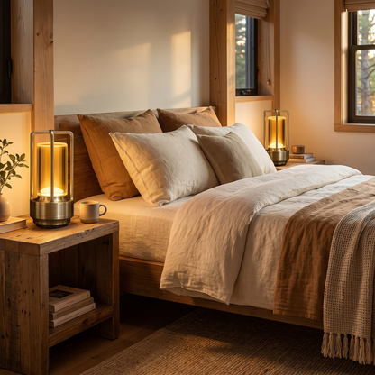 A matched pair of crystal lantern lamps lit on bedside tables