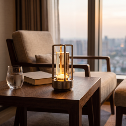 Crystal lantern lamp lit on a side table in a hotel suite at dusk